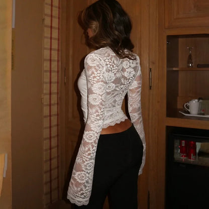 See Through Lace Square Neck Long Sleeve Top