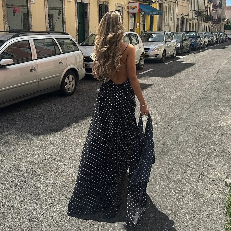 Black Polka Dot V-Neck Backless Maxi Dress