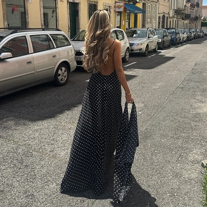 Black Polka Dot V-Neck Backless Maxi Dress