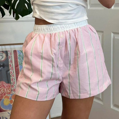 Striped Print Patchwork Button Shorts
