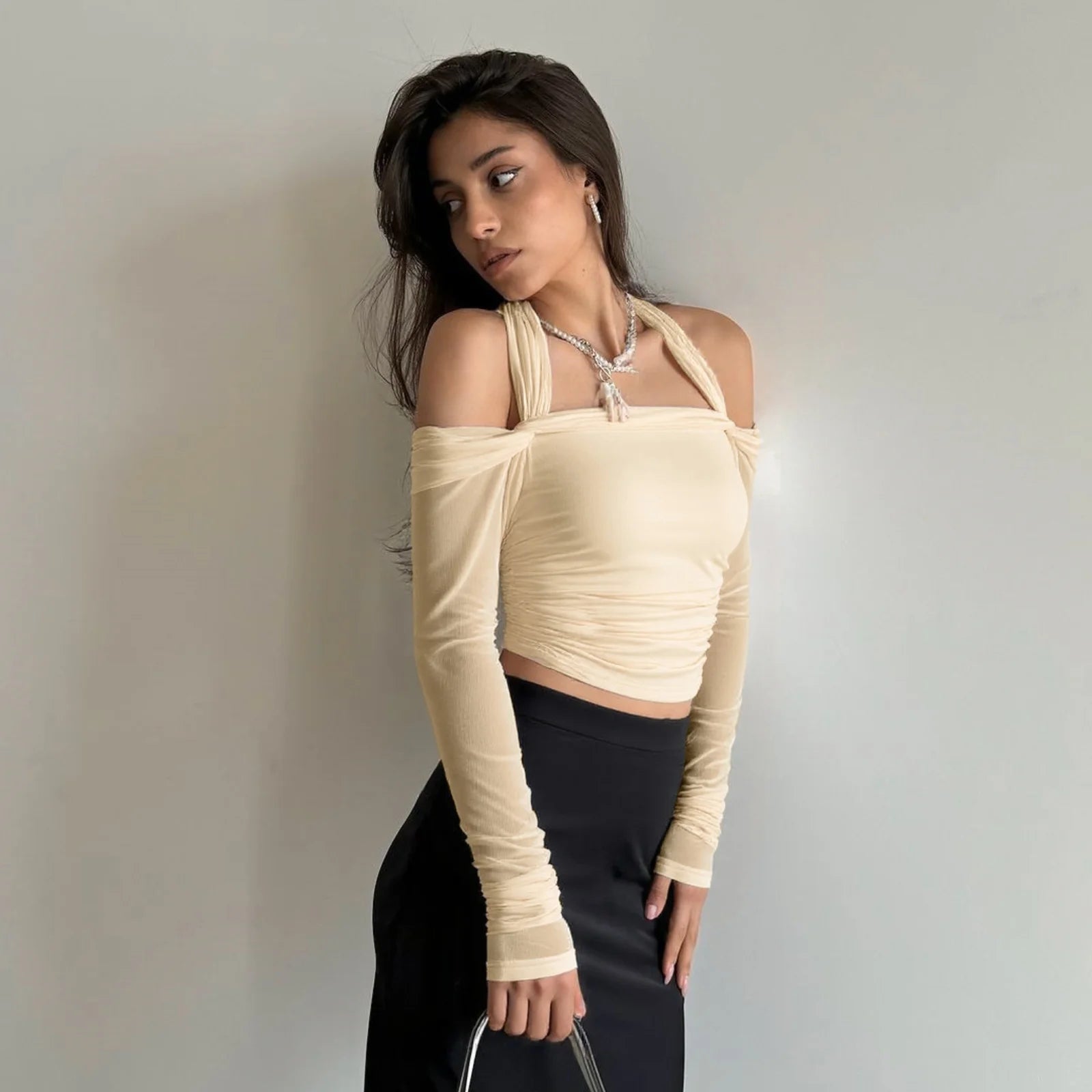 Apricot Ruched Halter Long Sleeve Shirt