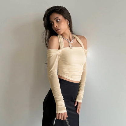 Apricot Ruched Halter Long Sleeve Shirt