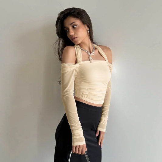 Apricot Ruched Halter Long Sleeve Shirt