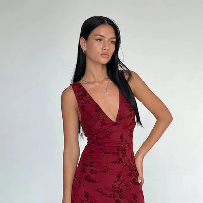 Floral Printed Deep V Long Dress - Sleeveless Slim Fit
