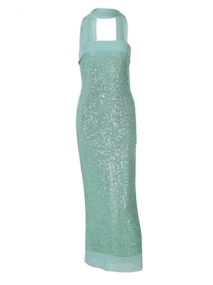 Sequined Strapless Backless Slit Maxi Dress