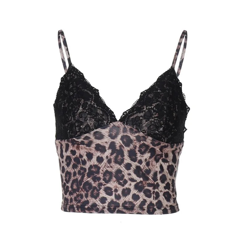 Leopard V-Neck Patchwork Lace Crop Top