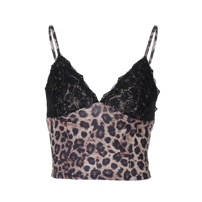 Leopard V-Neck Patchwork Lace Crop Top