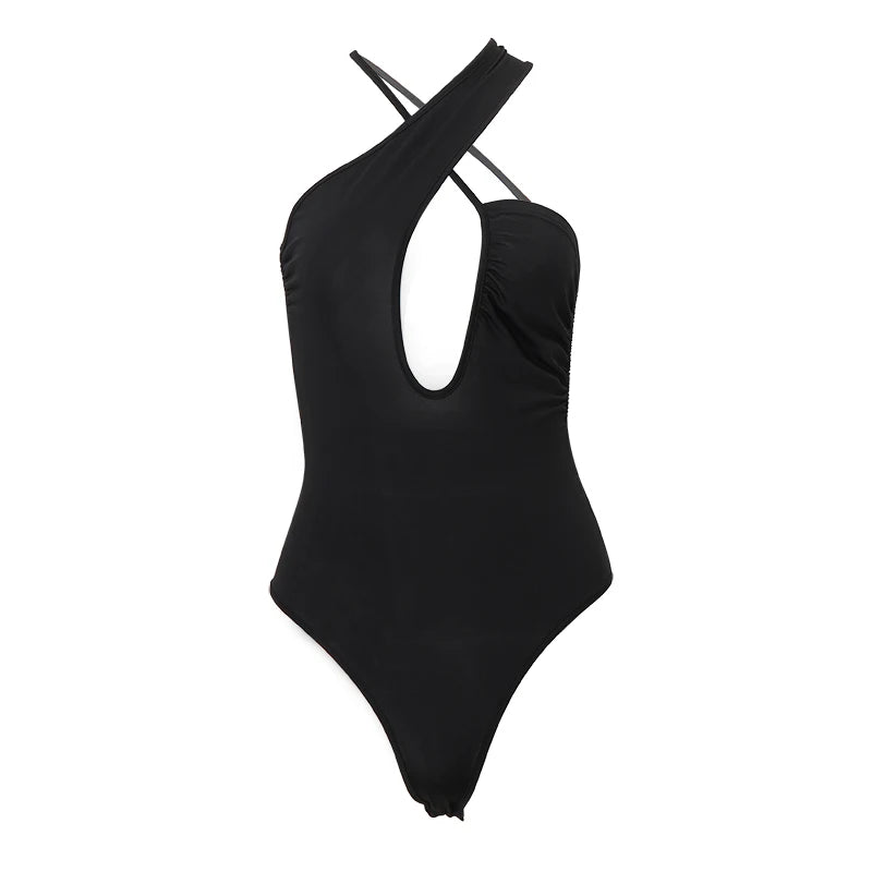 Black Irregular Halter Backless Bodysuit
