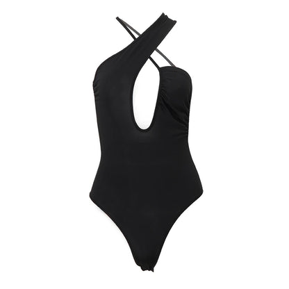 Black Irregular Halter Backless Bodysuit