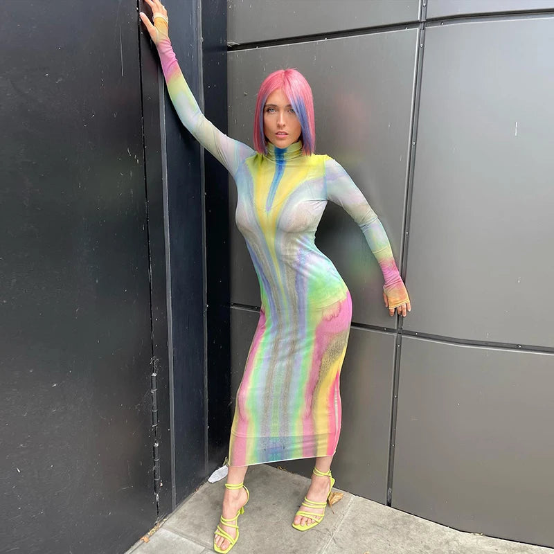 Multi- Long Sleeve Tight Slim Dress Meh See Through Collar Rainbow Dress