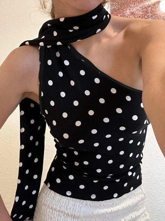 One shourlder Polka Dot Top Slim Backless Top