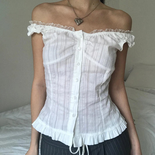 White Ruched Lace Top