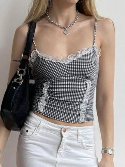 Plaid Patchwork Lace Trim Top