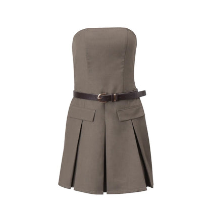 Khaki Slim Pleated High Waist Off Shoulder Sleeveless Mini Dress
