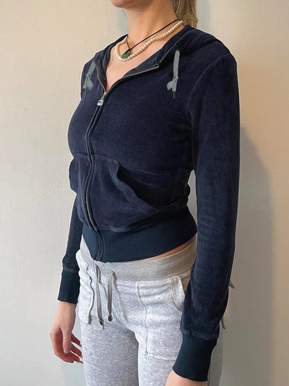Velvet Zip-Up Hooded Jacket with Front Pockets