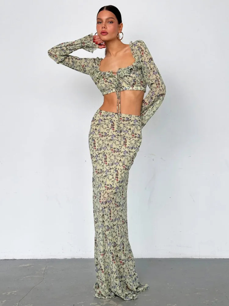 Floral Top and Maxi Skirt Two Piece Set