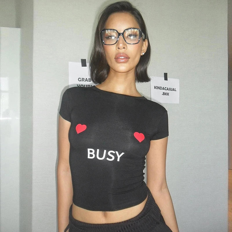 Letter Printed Navel Tight Round Pullover T-Shirt Short Sleeve Top