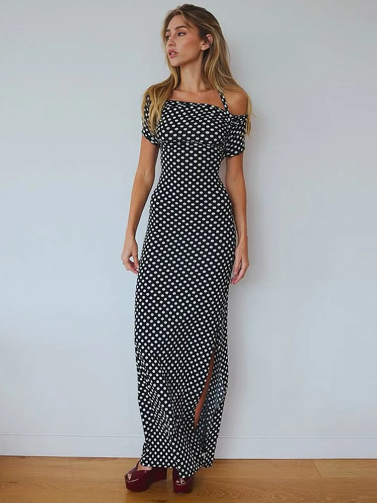 Polka Dot Off-shoulder halter Long Dress Backless Slit Bodycon Dress