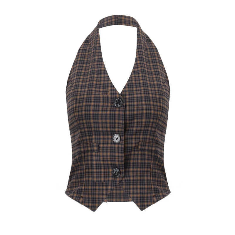 Brown Plaid V-Neck Vest