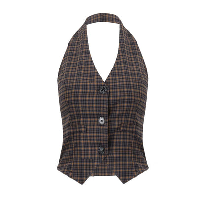 Brown Plaid V-Neck Vest