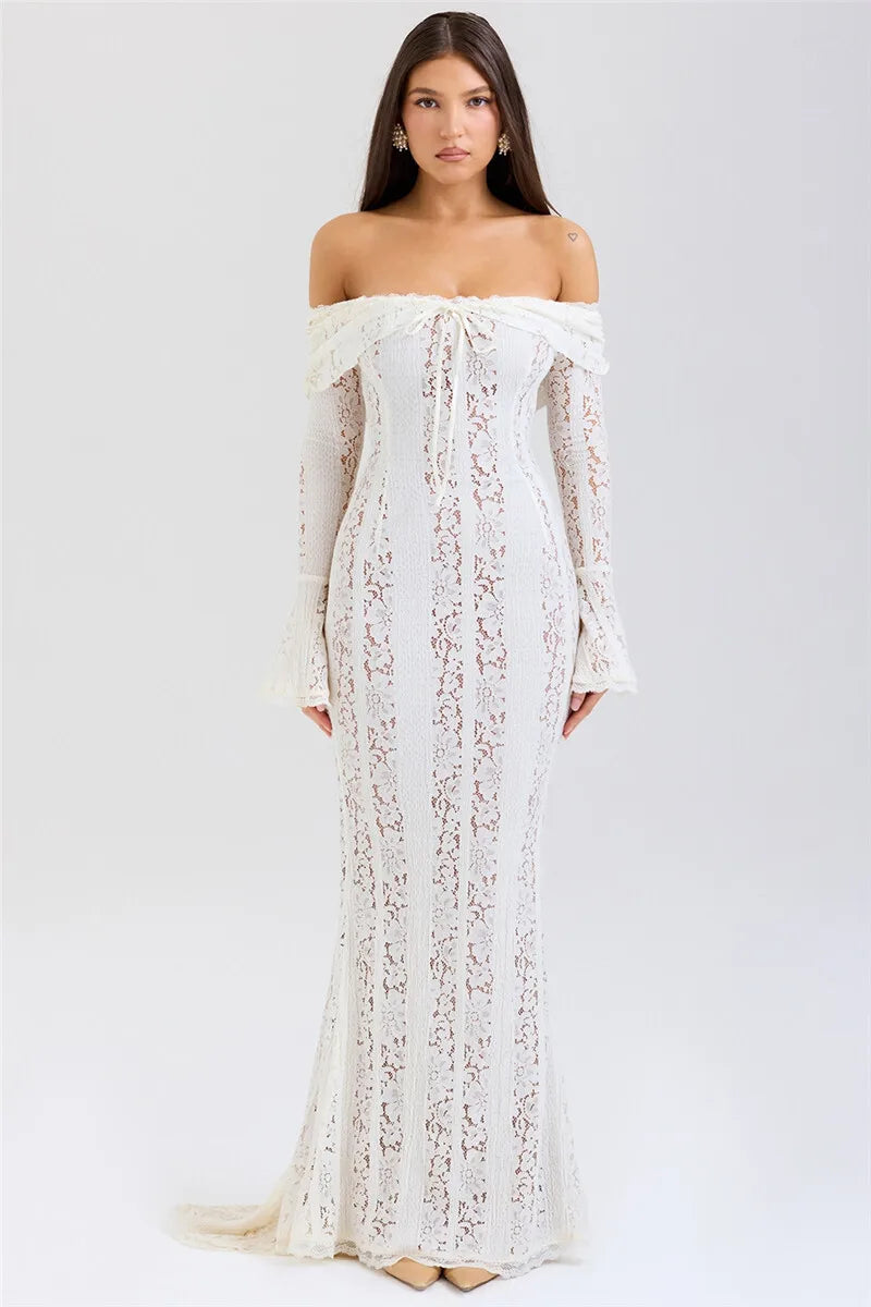 Lace Off-shoulder Maxi Dress Strapless Backless Long Sleeve Bodycon Evening Long Dress