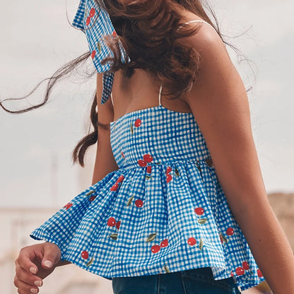 Fairycore Backless Tie Up Crop Top - Cherry Plaid Peplum Camisole
