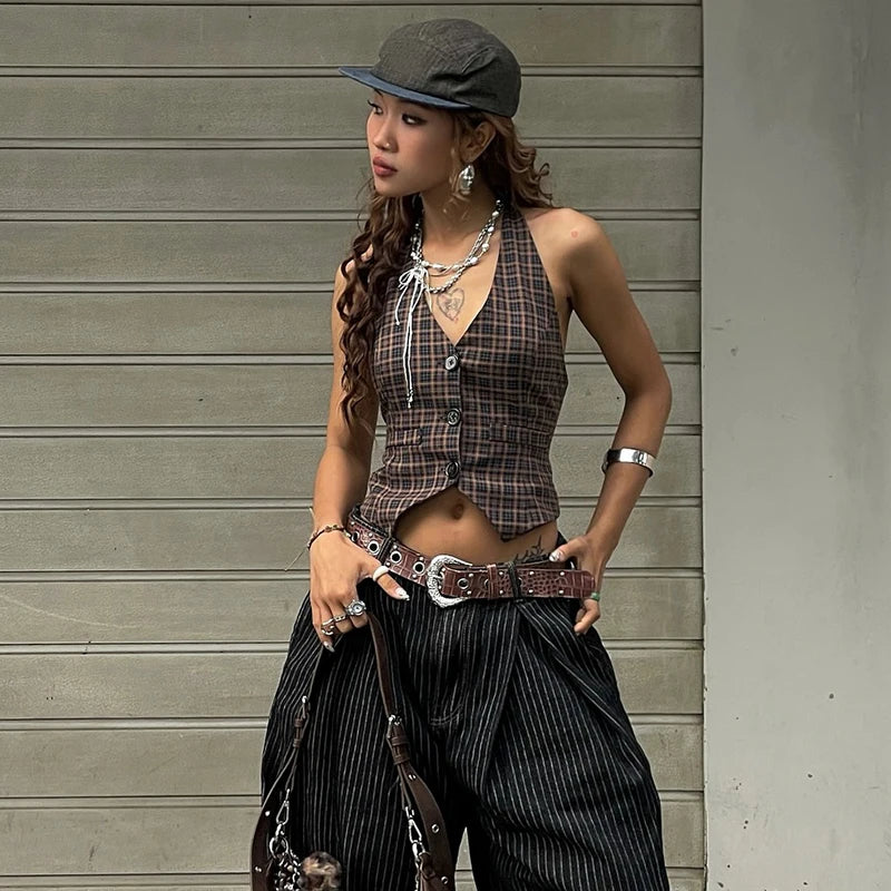 Brown Plaid V-Neck Vest