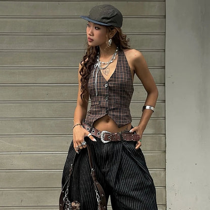 Brown Plaid V-Neck Vest