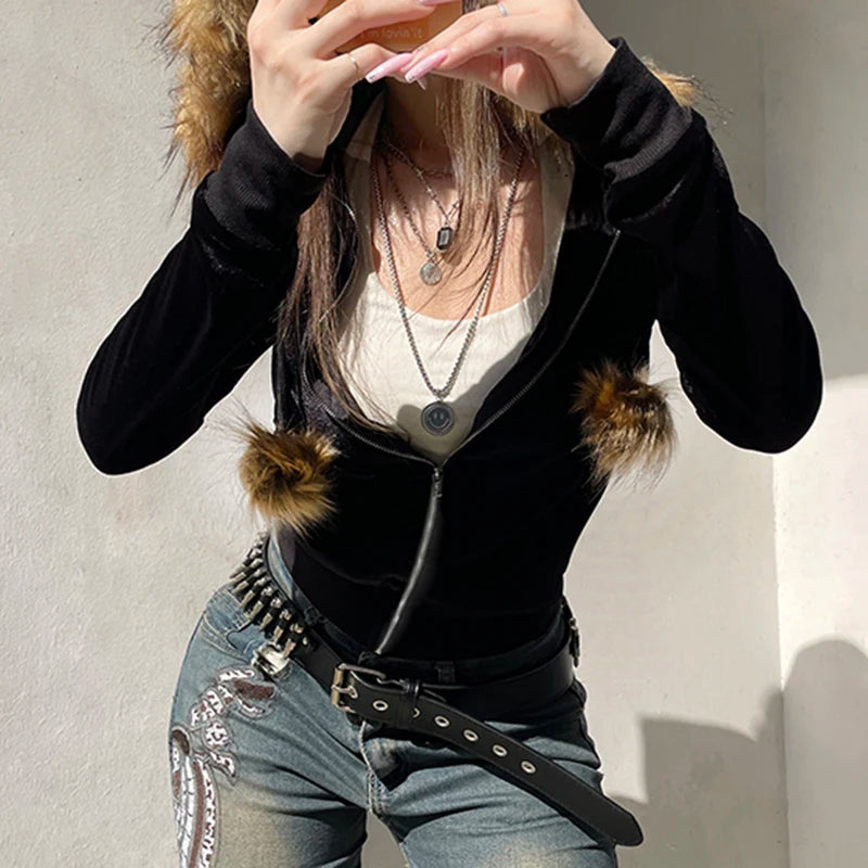 Zip Up Fur Neck Hoodie Coats 's Jackets Front Pockets
