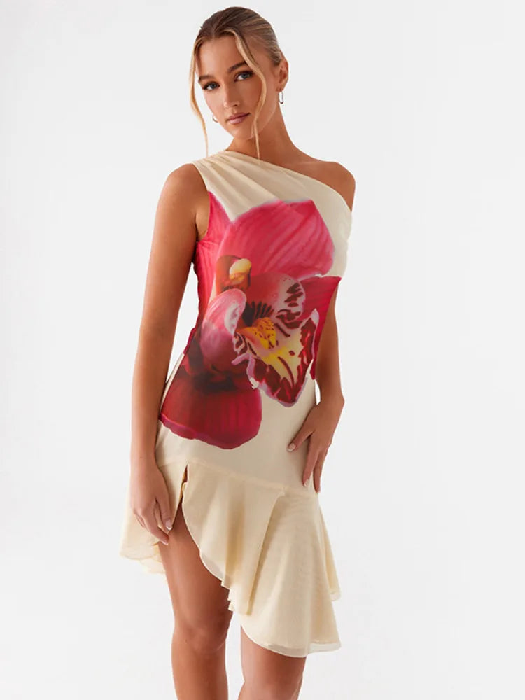 One Shoulder Ruffle Dress Yellow Print Floral High Wait Dress Slim