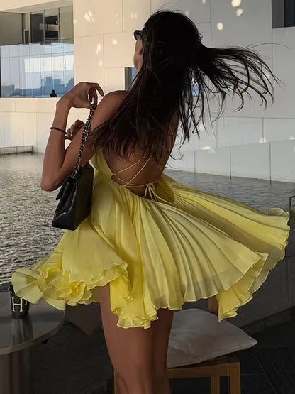 Backless Patchwork Mini Bodycon Dress with Lace-Up Design