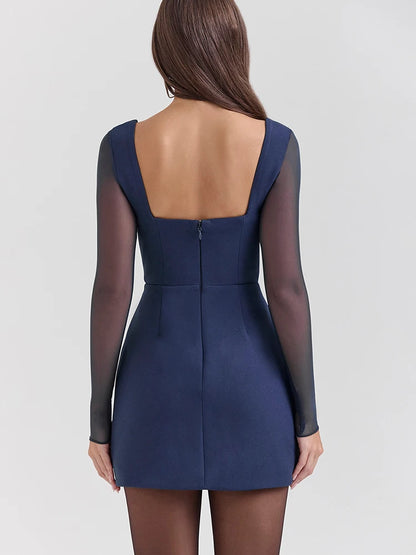 Backless Plunge Collar Mesh Mini Dress