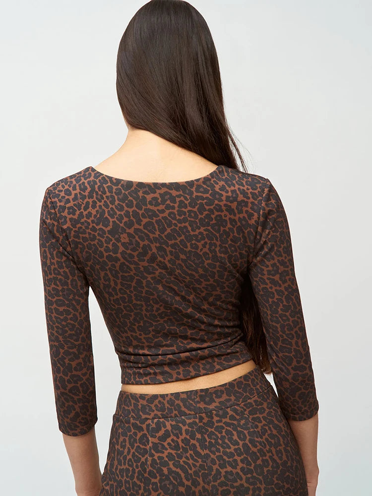 Square Collar Print Leopard Pant Suit Long Sleeve Top Short Pant Two Piece Set