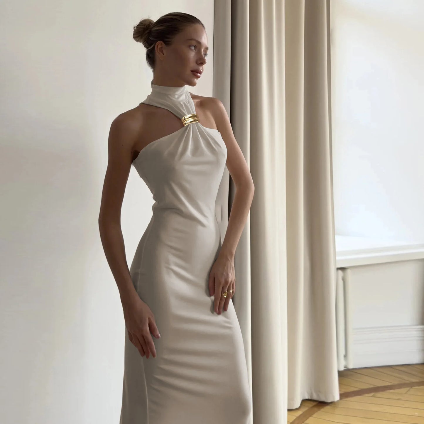 Metal Buckle Long Dress Sleeveless Halter Neck Dress Ins