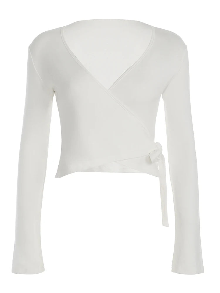 Slim Lace-up Tee Shirts Long Sleeves V-neck Sporty Four Color Knit Top