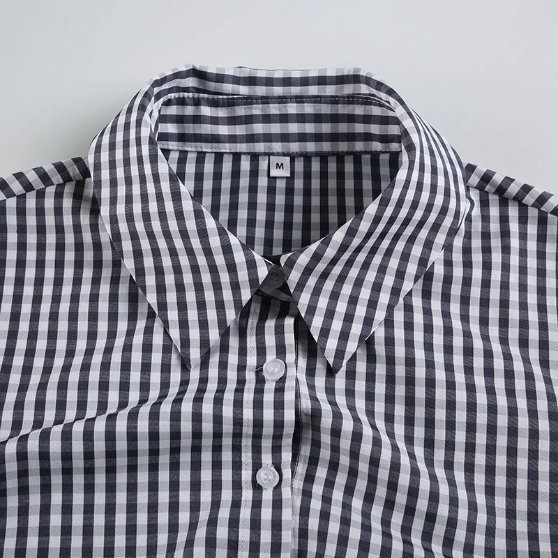 Plaid Button Up Bloue Turn-down Neck Shirt Top