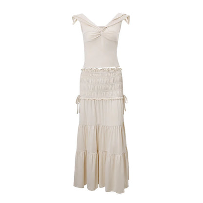 Knit Twist T-Shirt & Slim Ruffle Cake Skirt Set