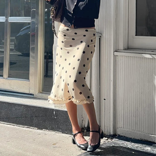 Beige Polka Dot Low Waist Midi Skirt