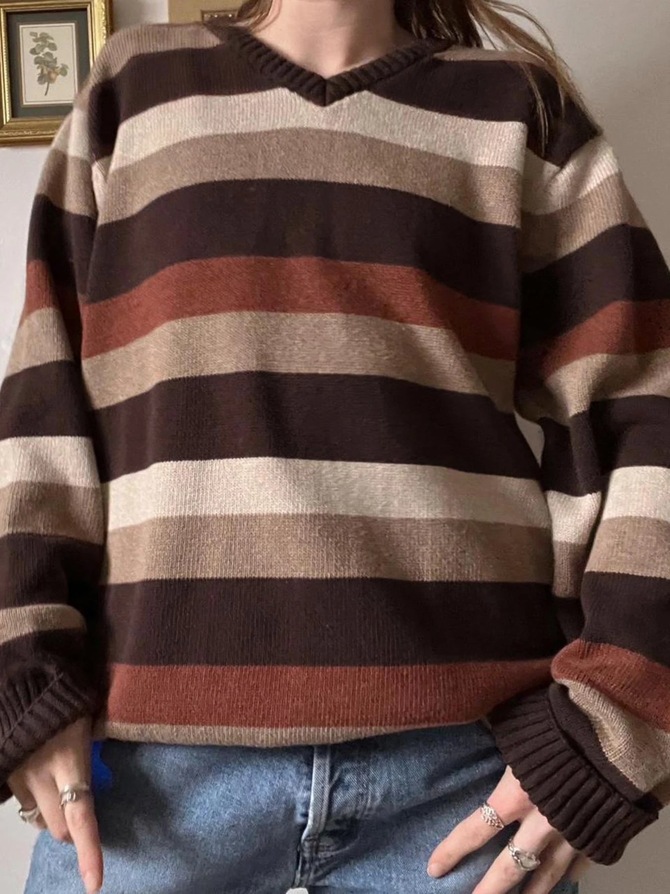 Retro V-neck Striped Sweaters Loose Pullovers Top