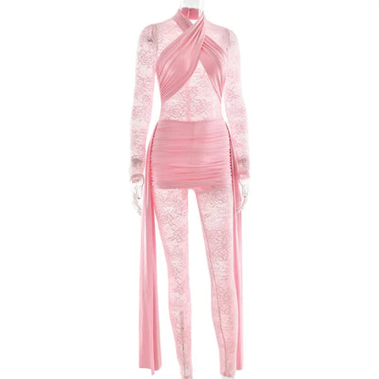 One Piece Long Sleeve See Through Lace Mesh Jumpsuit