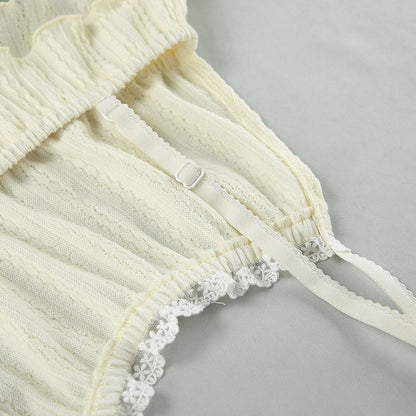 Lace Patchwork Pajama Set - Spaghetti Strap Top & Shorts
