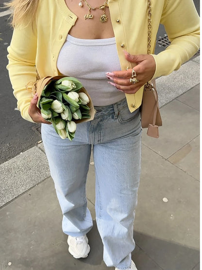 Yellow O-Neck Long Sleeve Cardigan