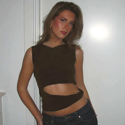 Brown Hollow Out Sleeveless Round Neck Top