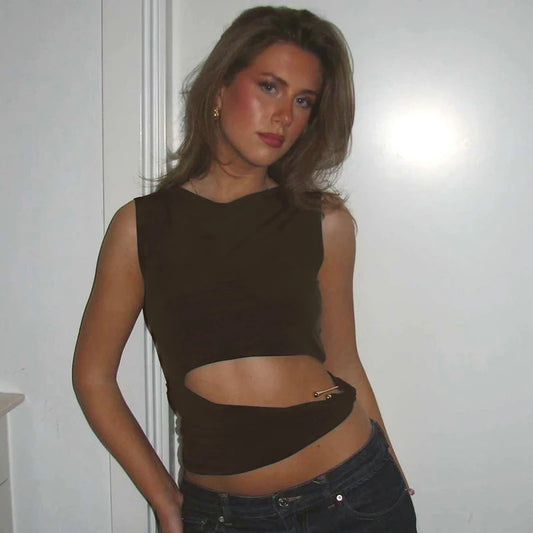 Brown Hollow Out Sleeveless Round Neck Top