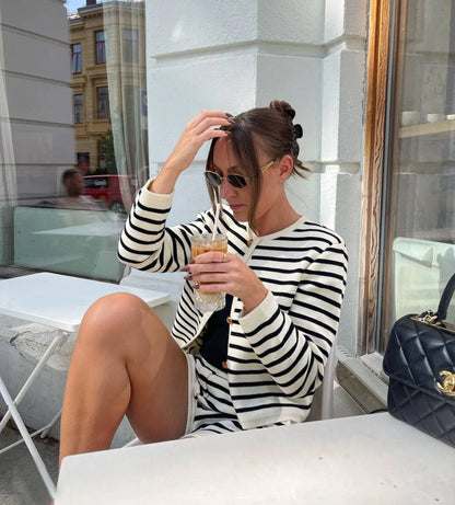 Striped Knit 2 Piece Set: Zebra Cardigan & High Waist Shorts