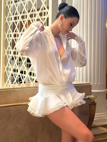 Ruffled See-Through Mini Dress with Lantern Sleeves