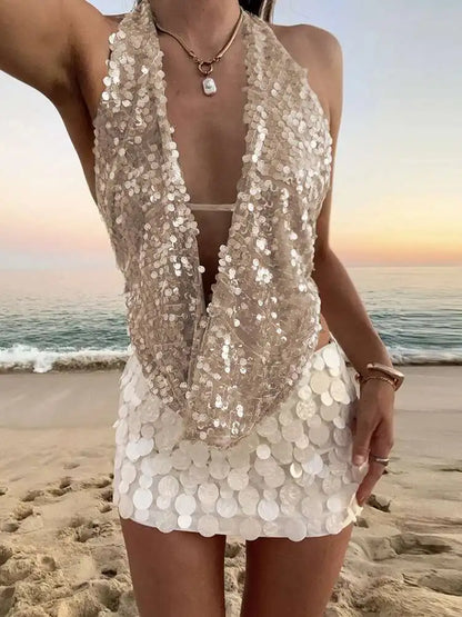 Deep V-neck Green Sequins Halter Top Khaki