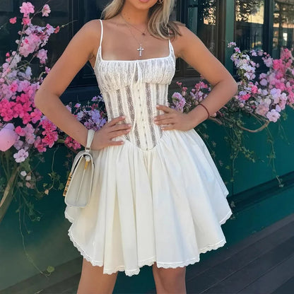 Pure Lace Fluffy Backless Camisole Dress