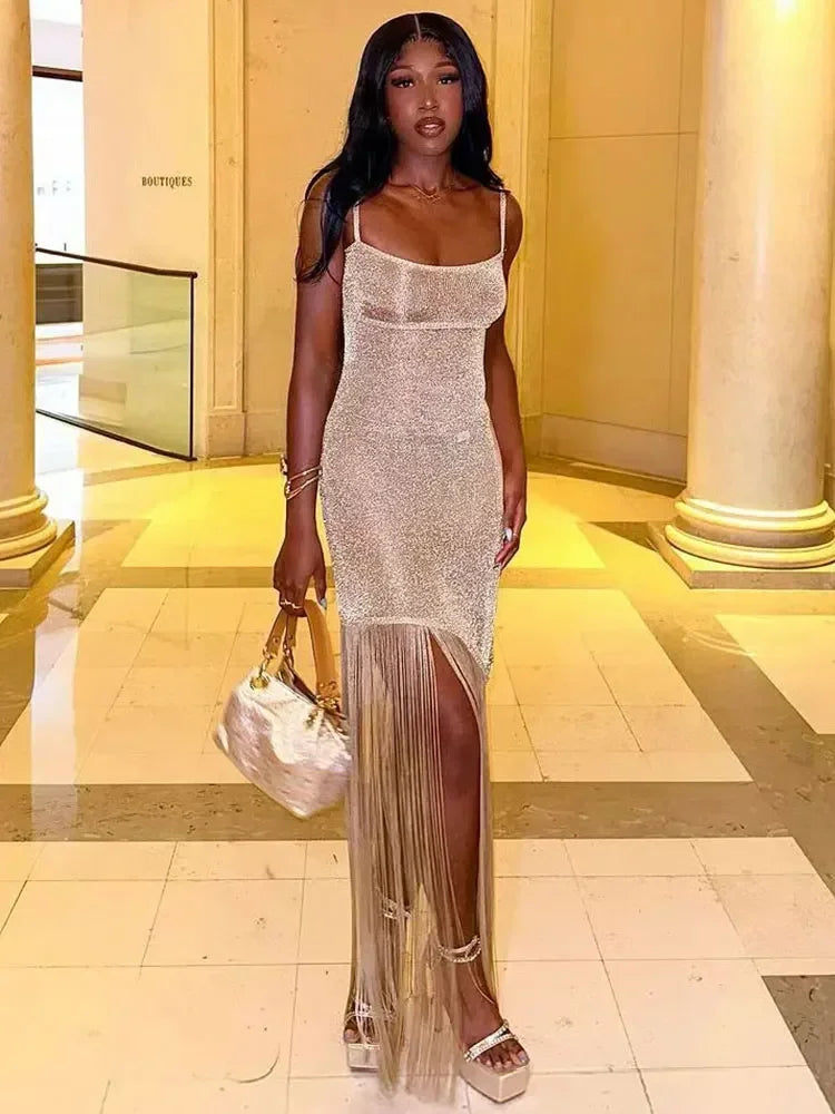 Shiny Tassel Bodycon Maxi Dress Backless Sleeveless Gown Long Dress