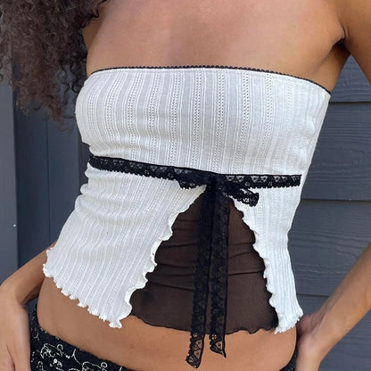 Sweet Bow Lace Patchwork Crop Top WHITE